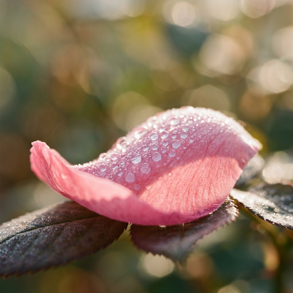 Macro rose petal with delicate morning water drops