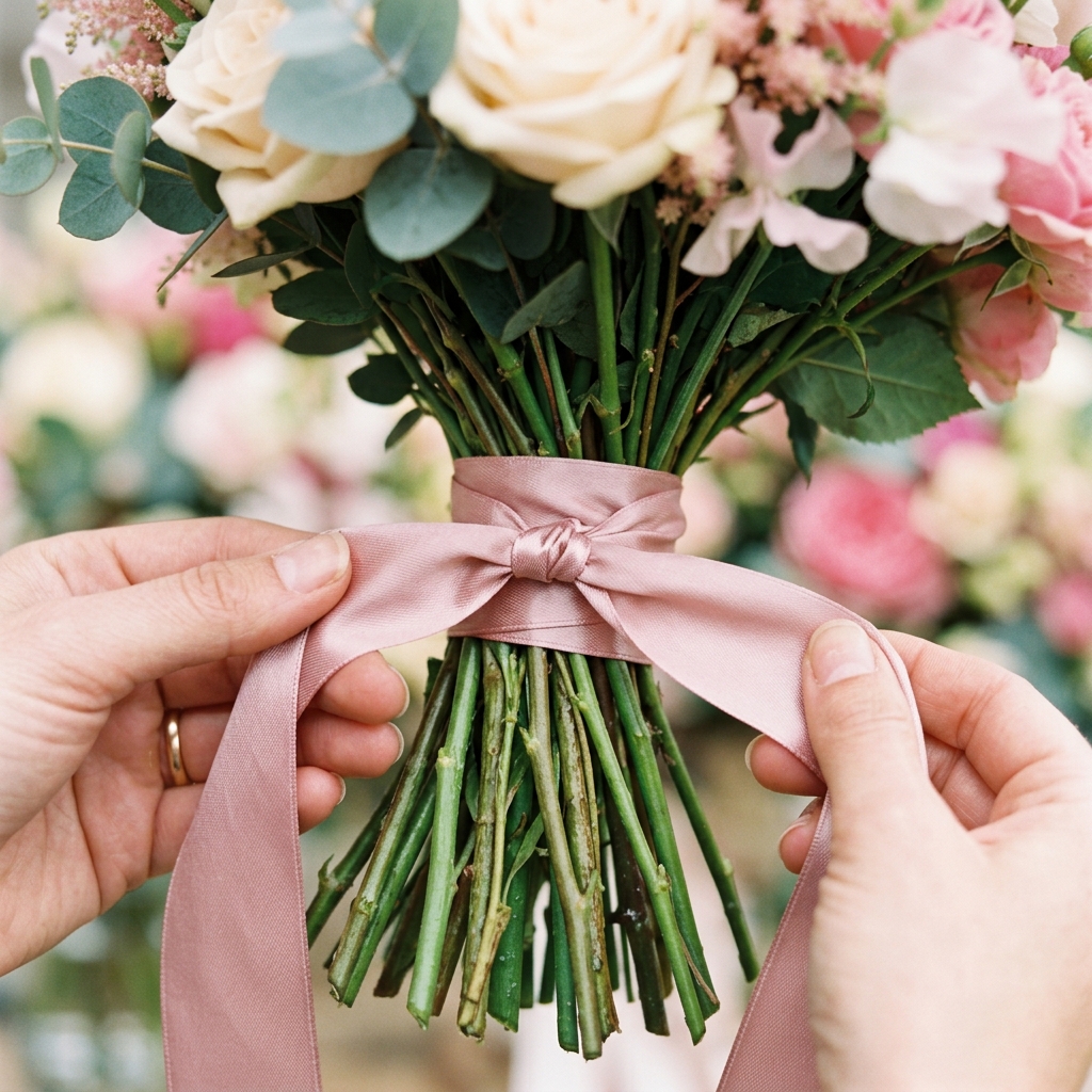 Silk satin ribbon hand-tied bouquet finish